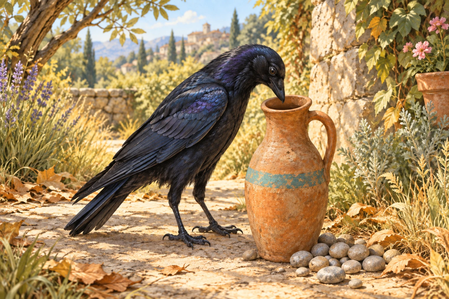 A black crow peers into a tall clay pitcher on a dry garden path, with small pebbles nearby.