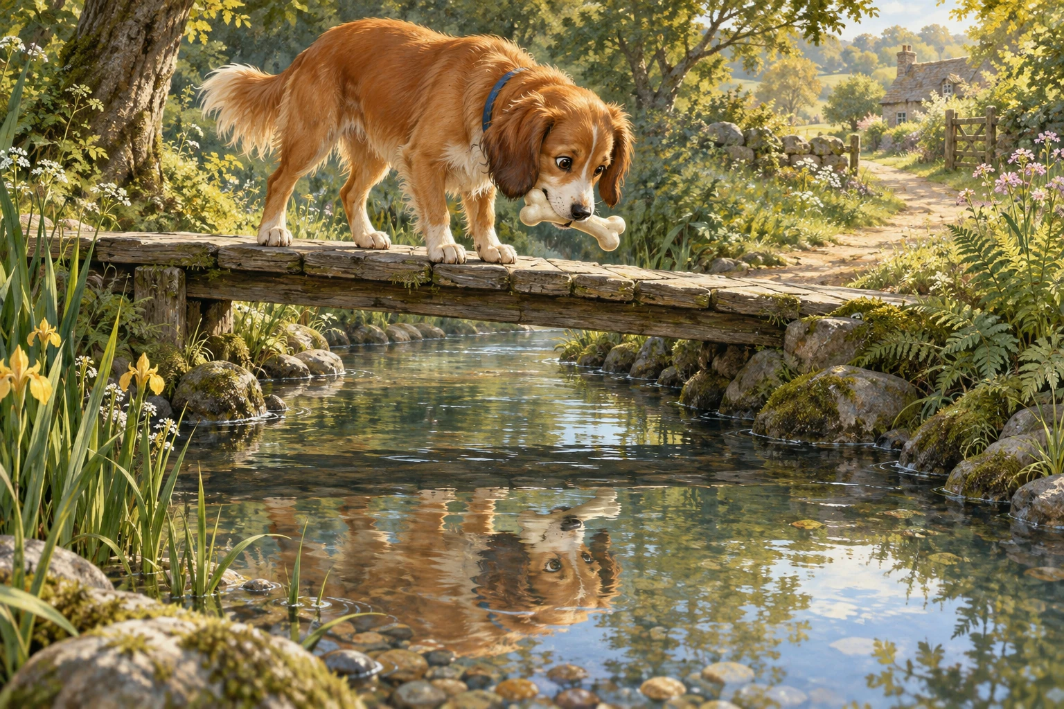 A brown dog carrying a bone looks down from a wooden footbridge at his reflection in the stream.