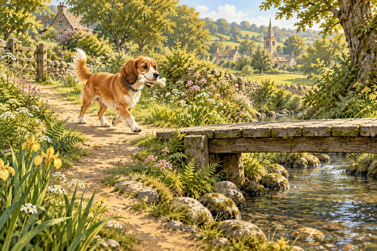 A brown dog carries a bone along the path toward a footbridge.