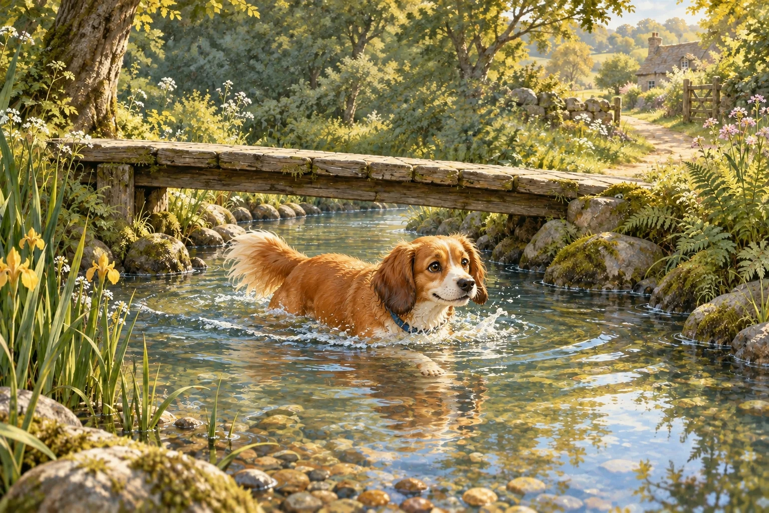 The dog paddles in the shallow stream beneath the bridge, with an empty mouth.