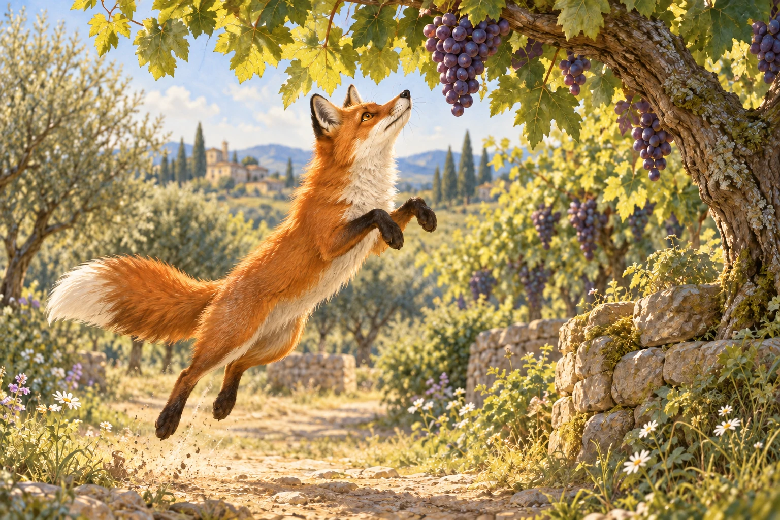 A red fox leaps toward ripe purple grapes hanging from a vine high on a tree branch.