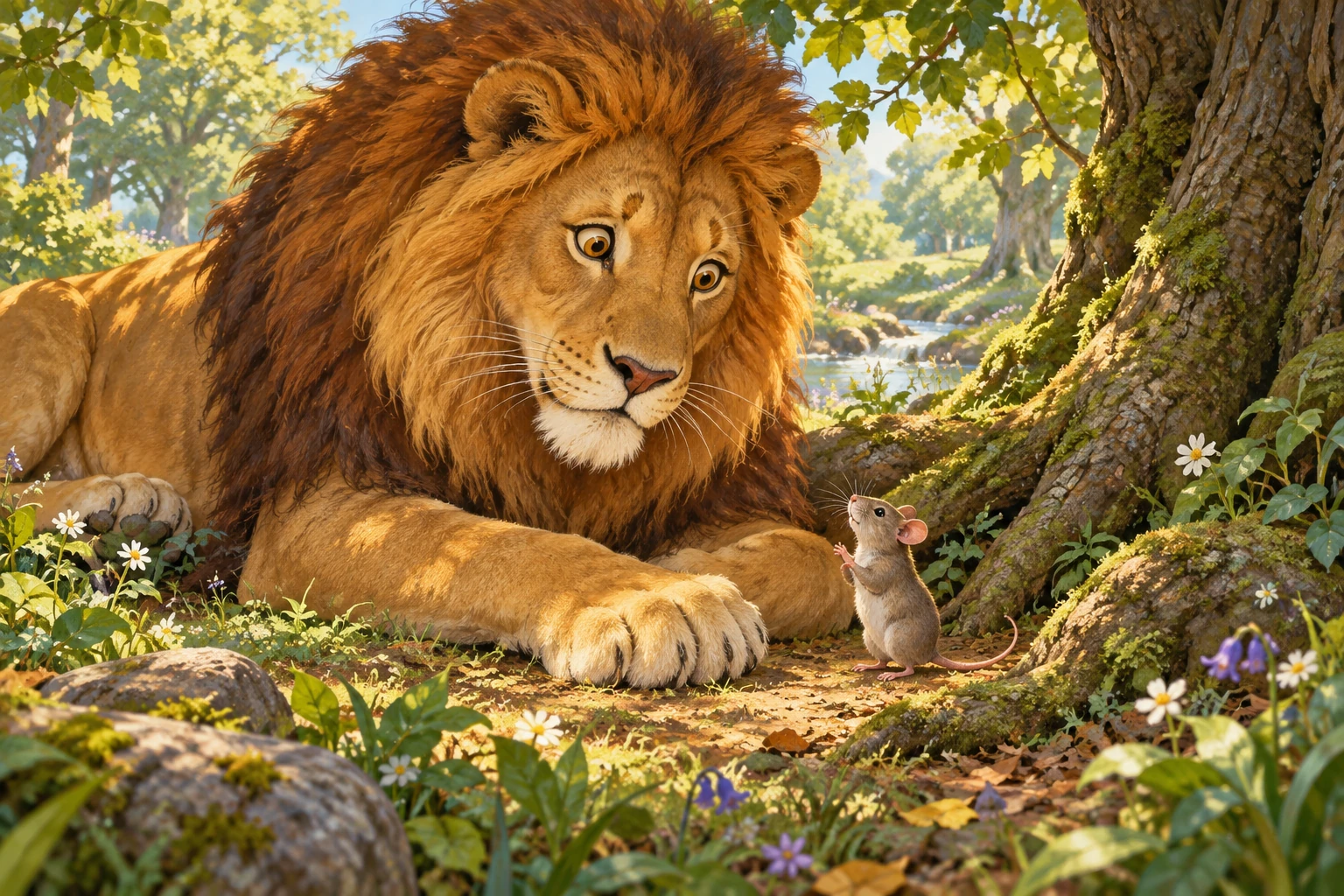 A large tawny lion looks down at a tiny mouse beside his paw in a sunlit forest clearing.