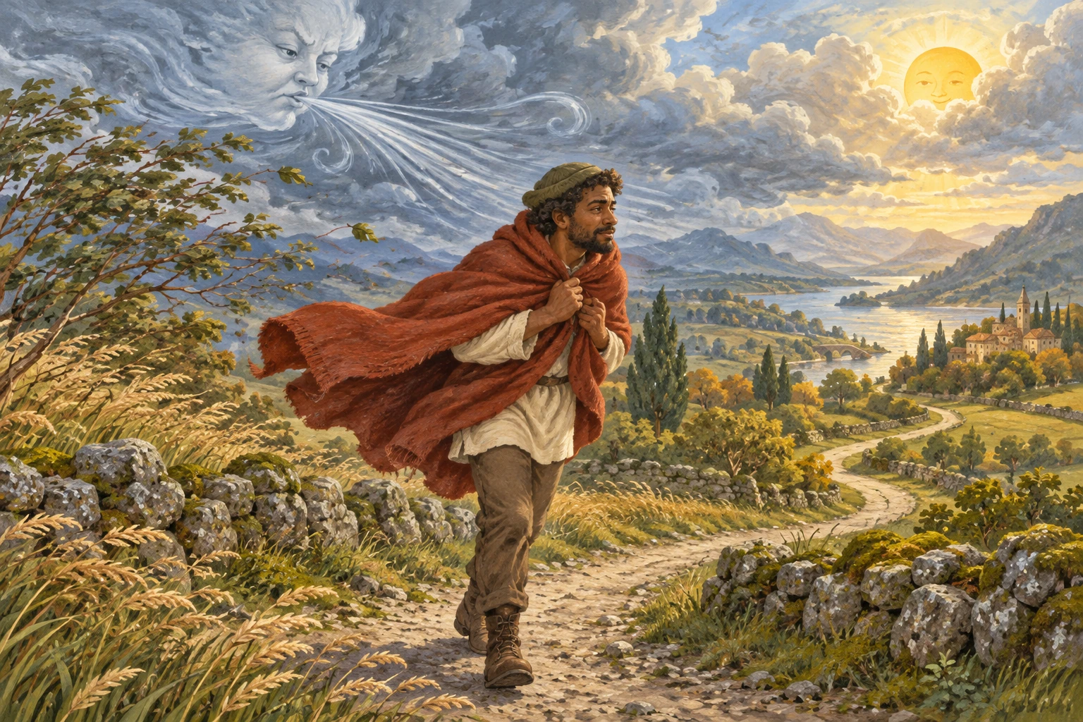 A traveler holds his red-brown cloak tightly as the North Wind blows along a country road. The Sun waits behind clouds.