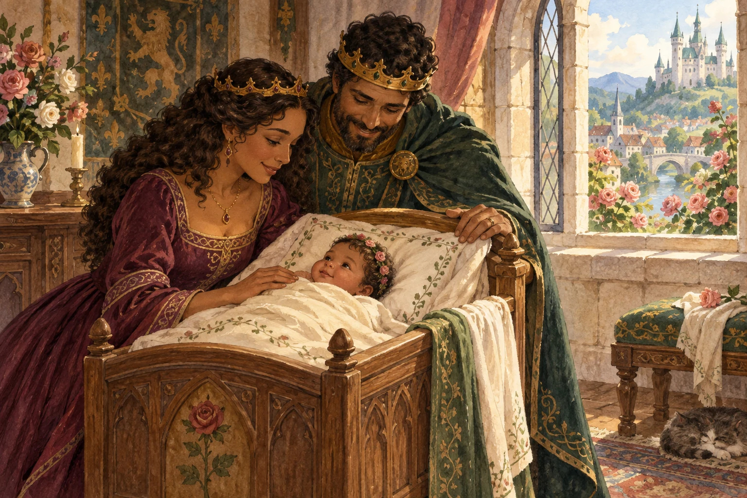 The king and queen smile at baby Rose in her cradle beside a sunny window.
