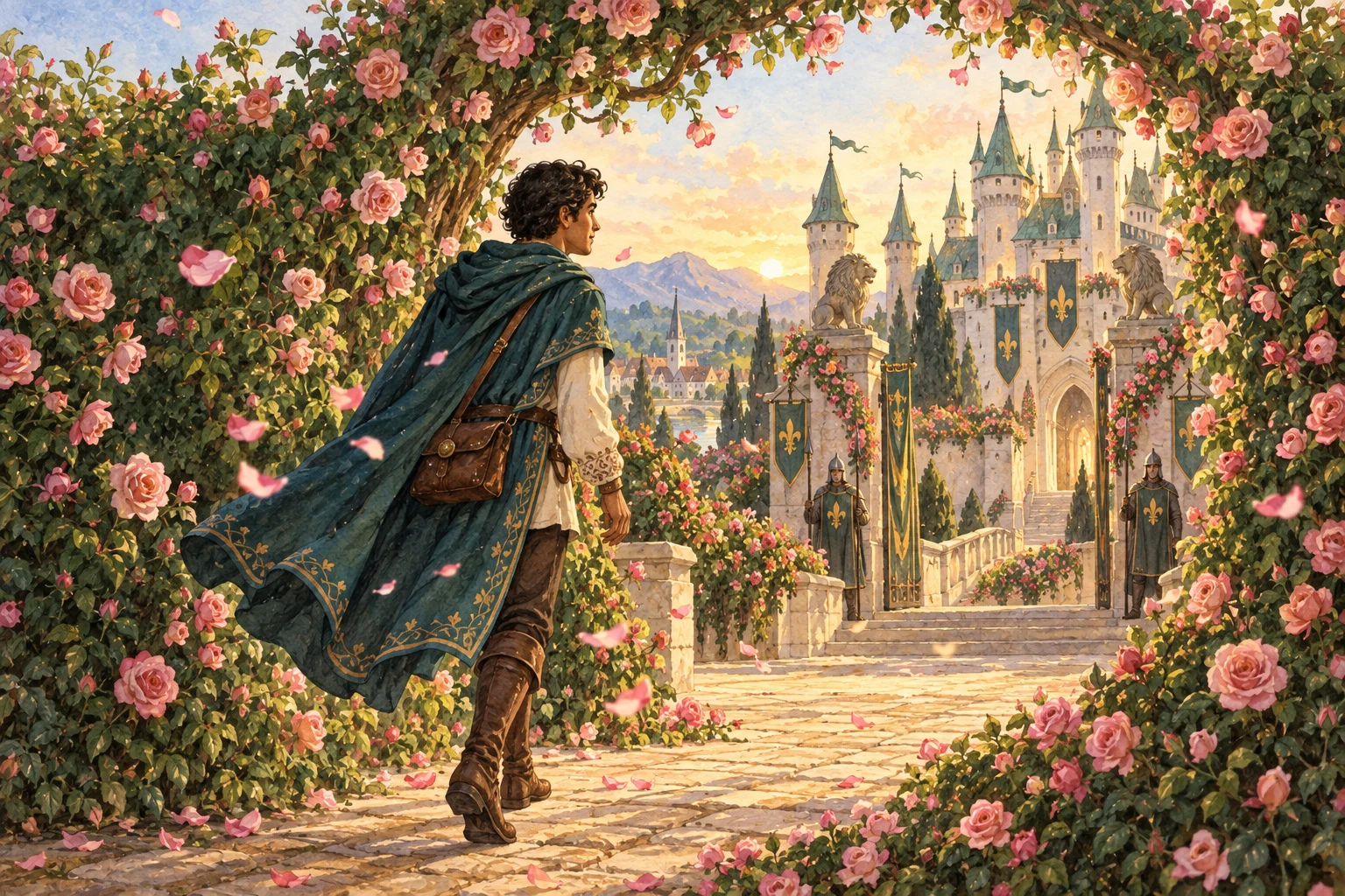 Flowering branches form an open arch as the prince walks toward the castle at dawn.