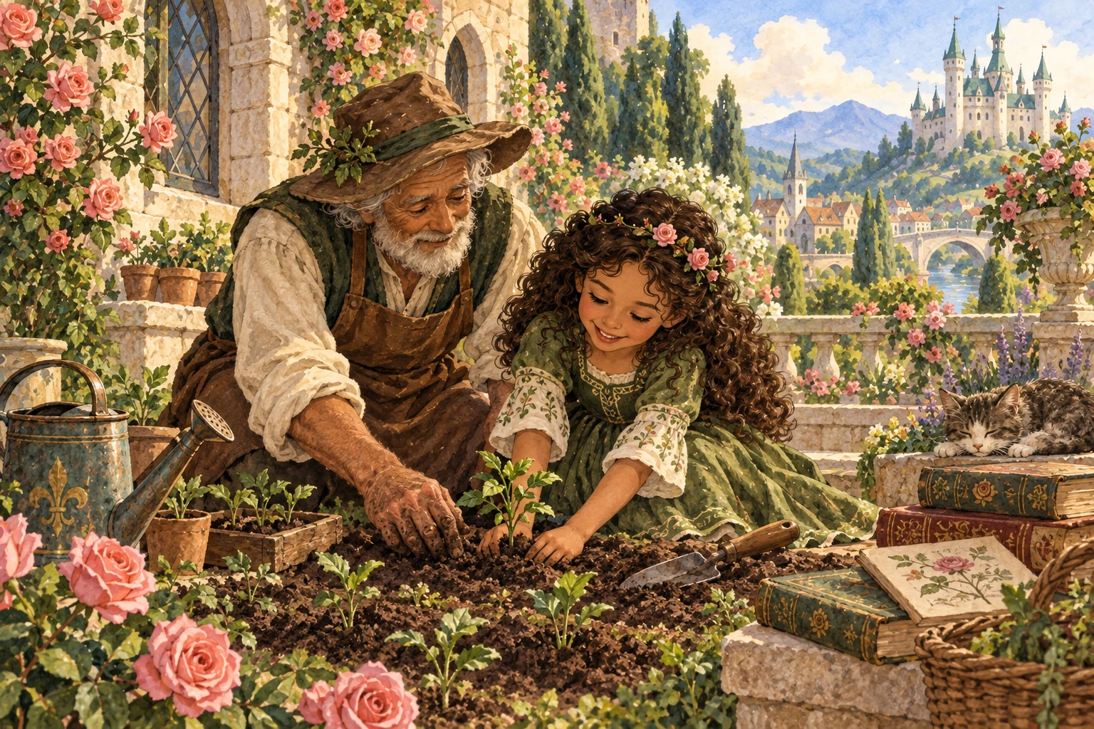 Young Rose plants seedlings with the castle gardener beside books and a watering can.
