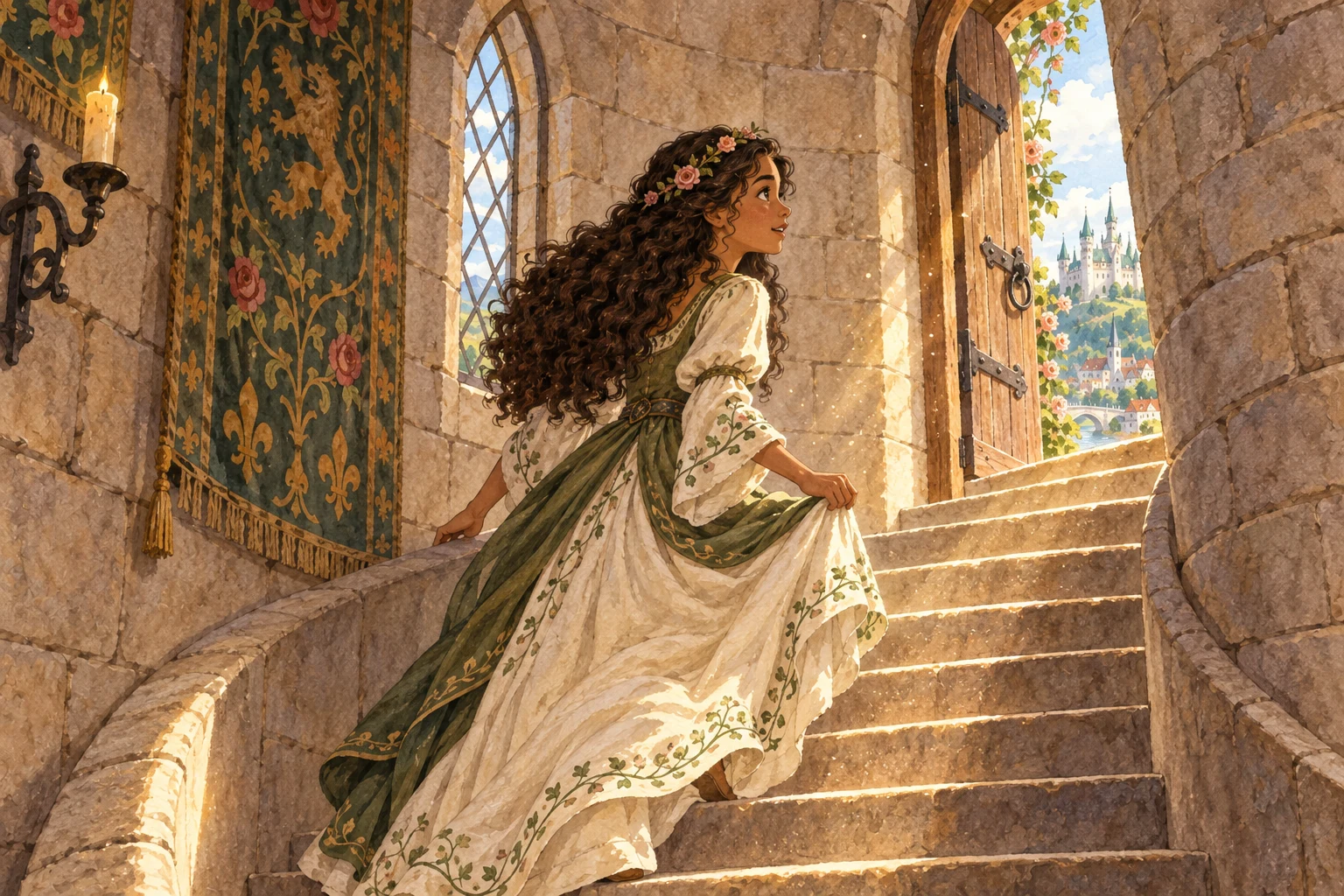 Rose climbs a sunlit spiral staircase toward an open door in the tower.
