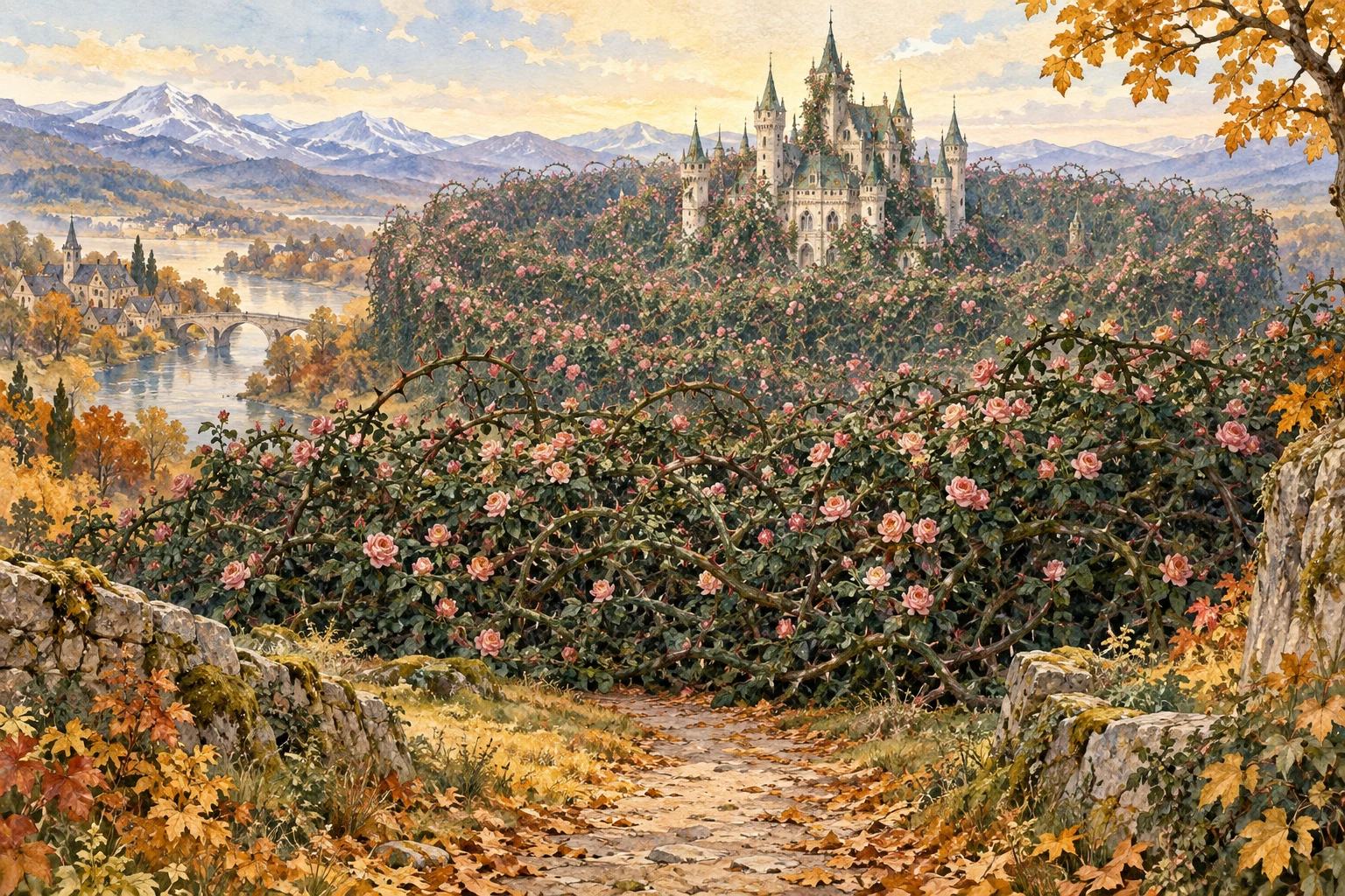 A tall flowering rose hedge surrounds the hidden castle while seasons pass outside.