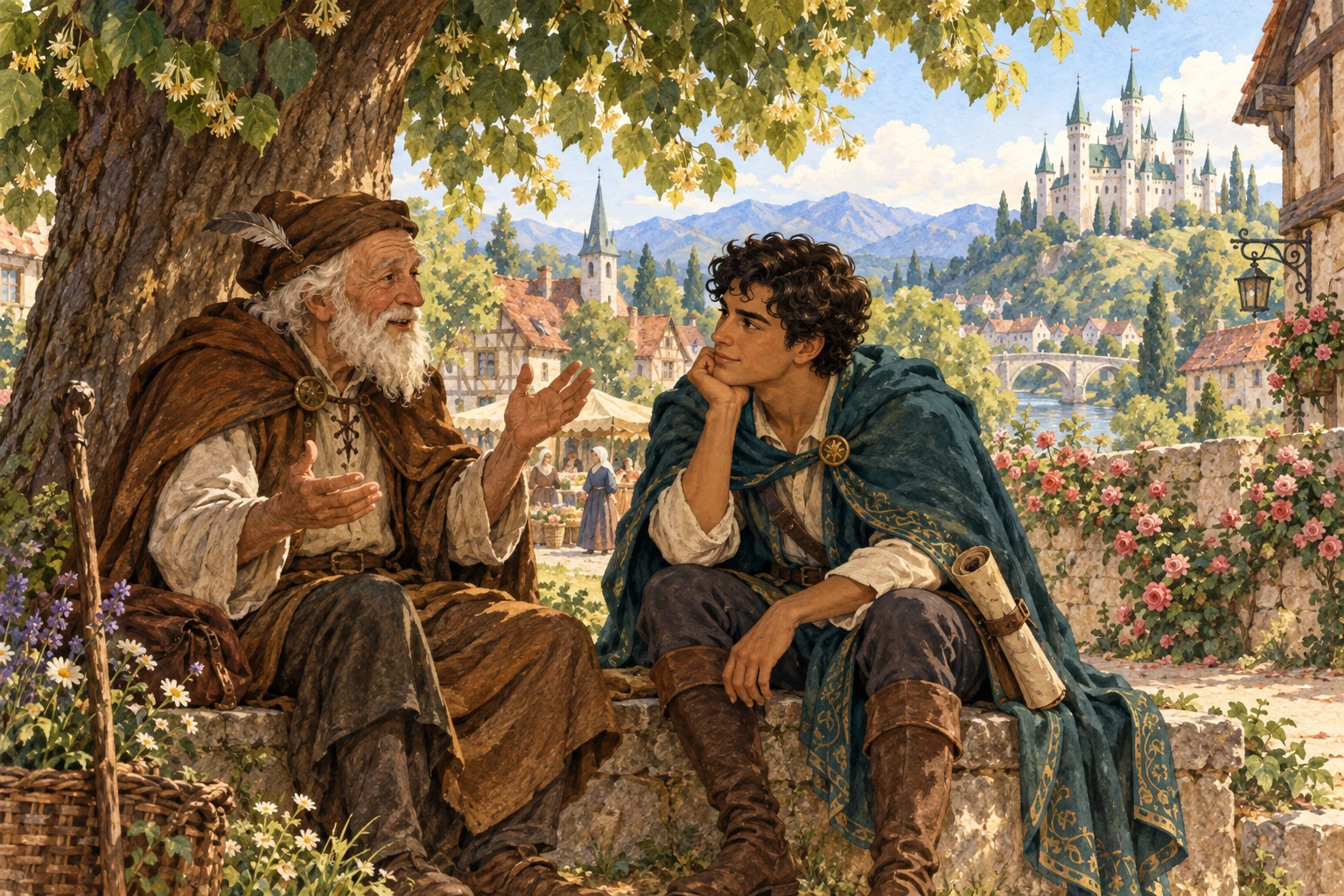 A young prince with a rolled map listens to an elderly storyteller beneath a village tree.