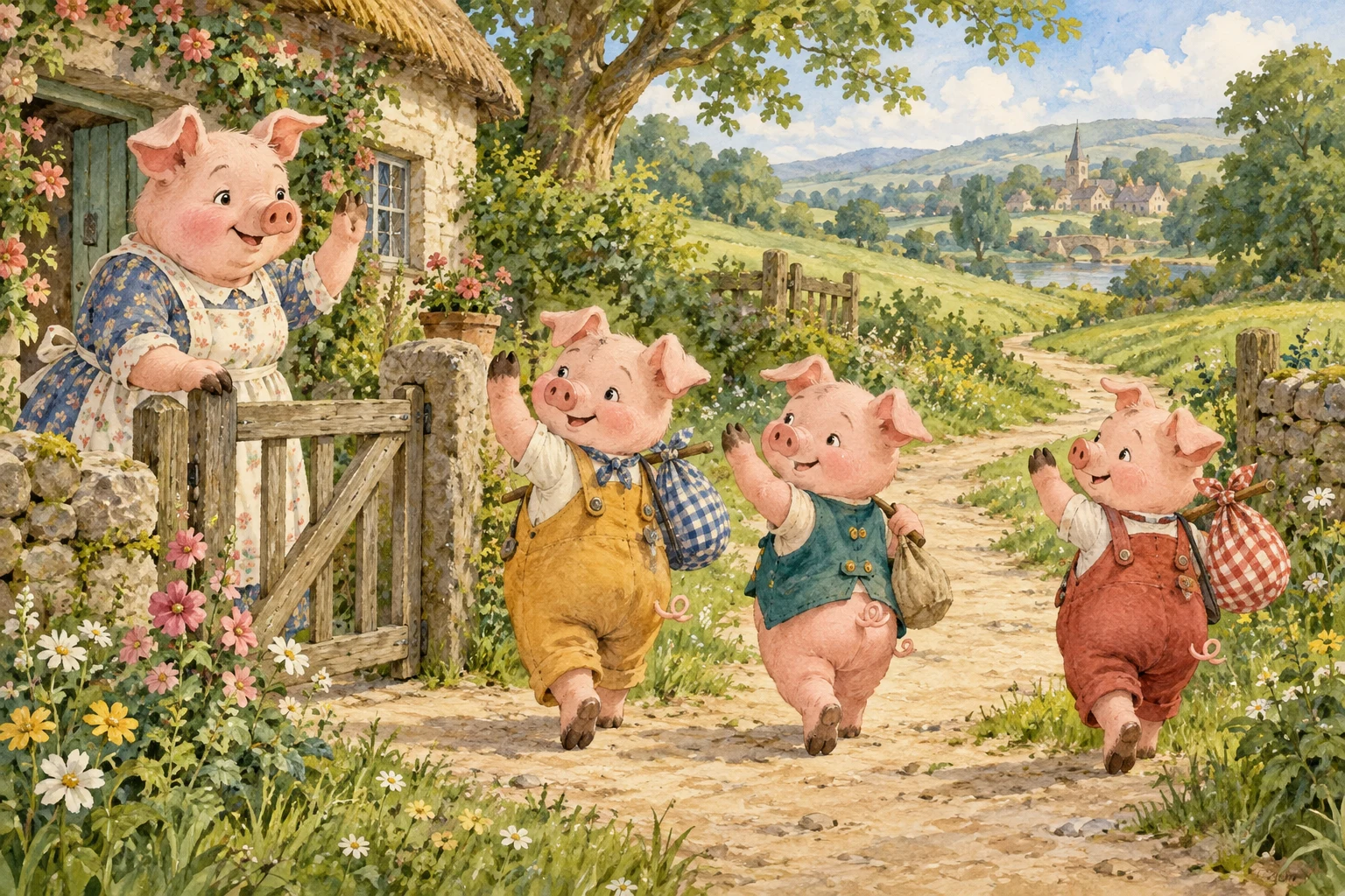 Three pig siblings carrying bundles wave to their mother at the garden gate.