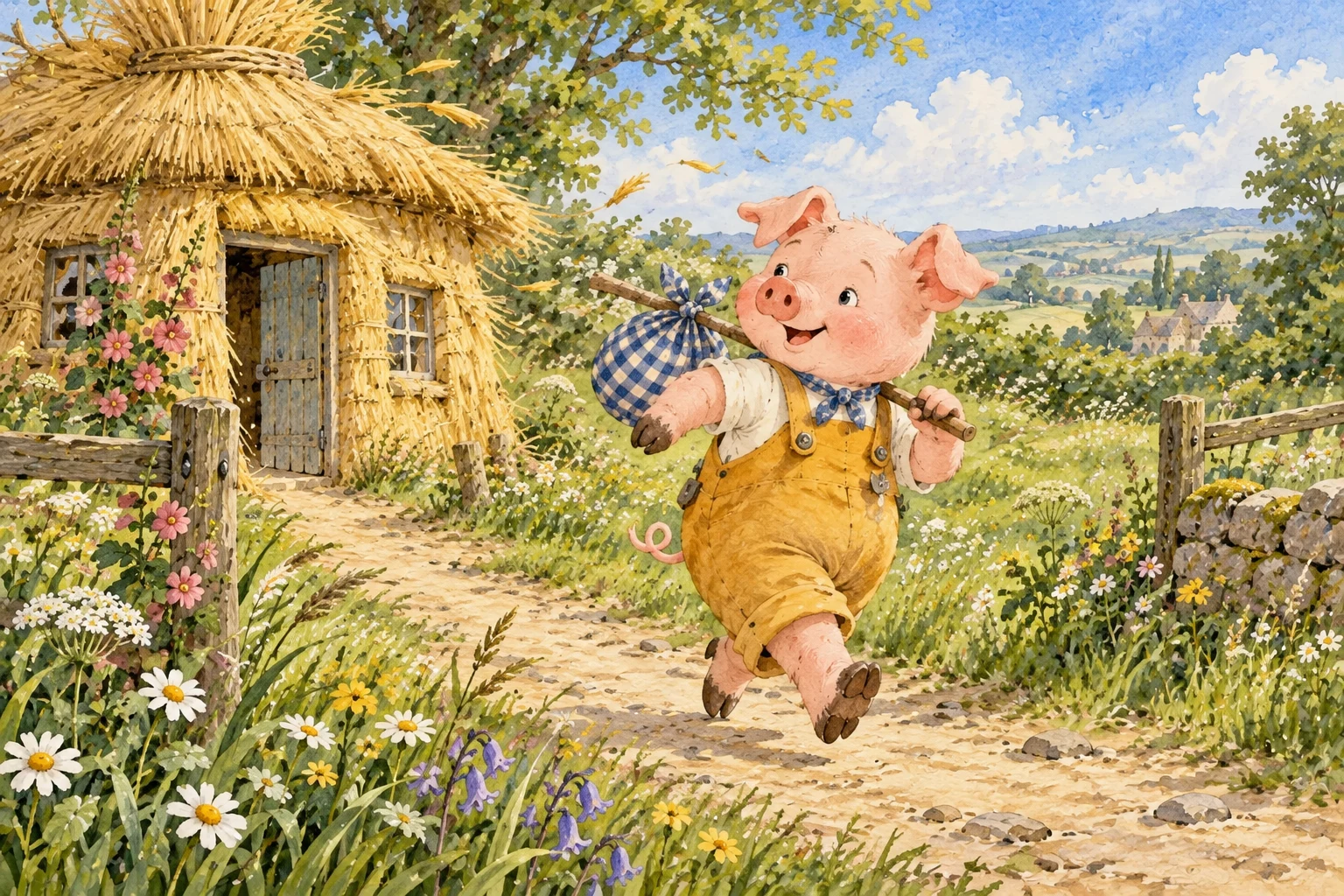 The pig in yellow skips away as a breeze rustles his straw cottage.