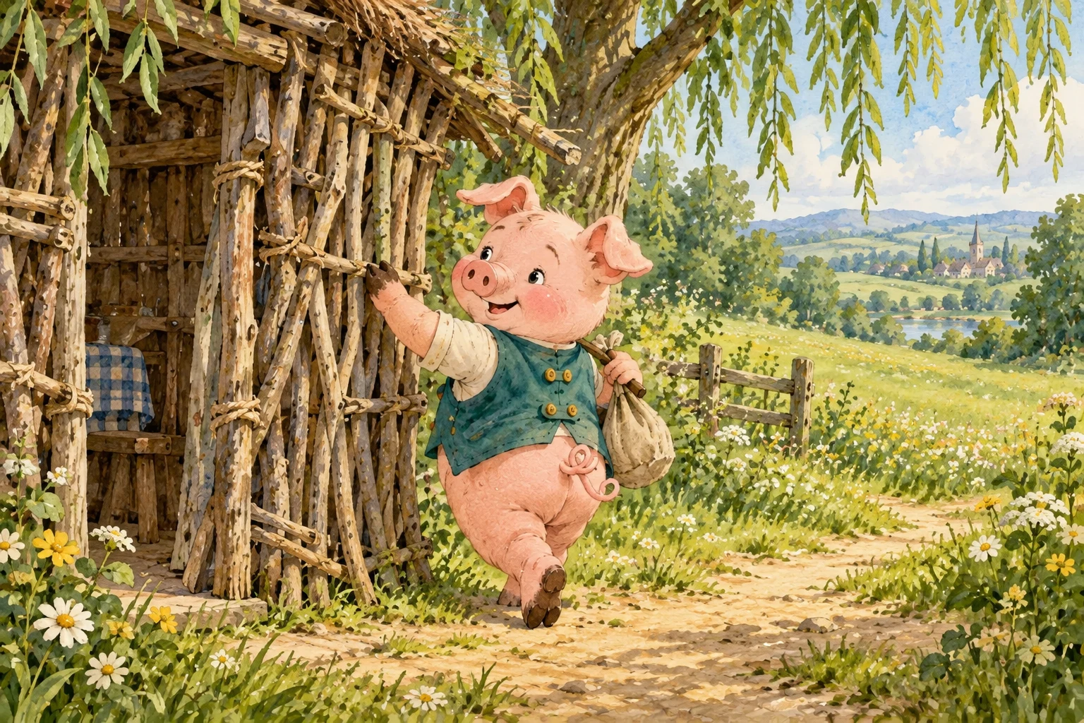 The pig in a teal vest pats his wobbly stick wall beneath a willow.