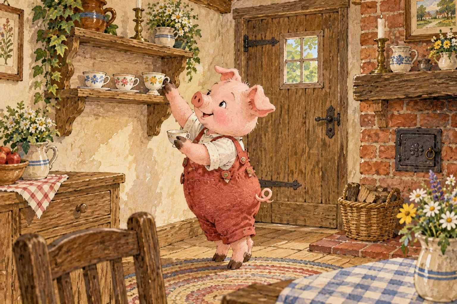 The pig in red sets three cups on a shelf inside his finished brick home.