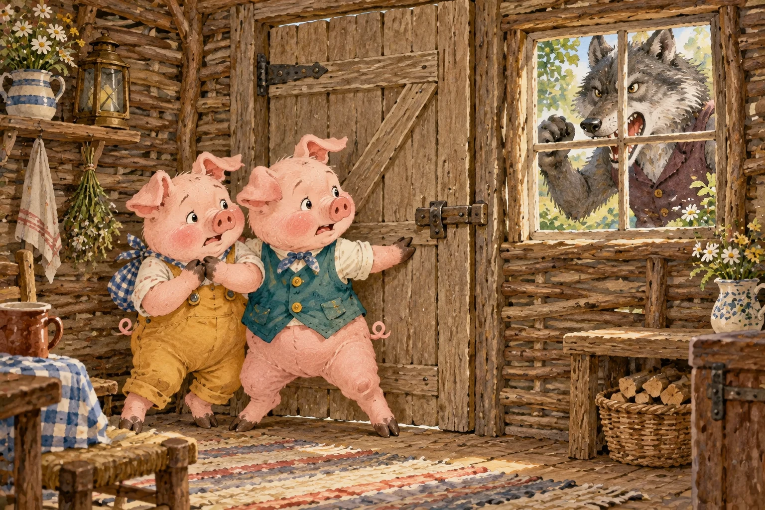 The first two pigs stand together inside the stick house as the wolf arrives outside.