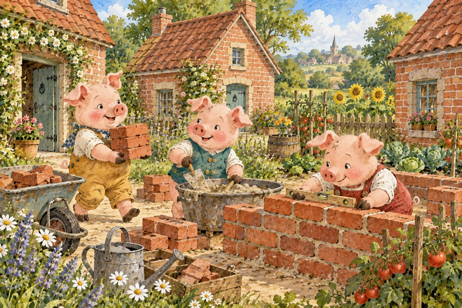 Three pig siblings carry bricks, mix mortar and build sturdy new homes together.
