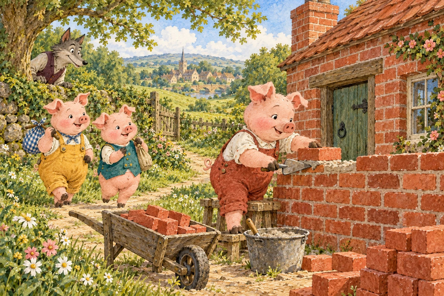 The pig in red dungarees carefully lays bricks while his brothers visit.