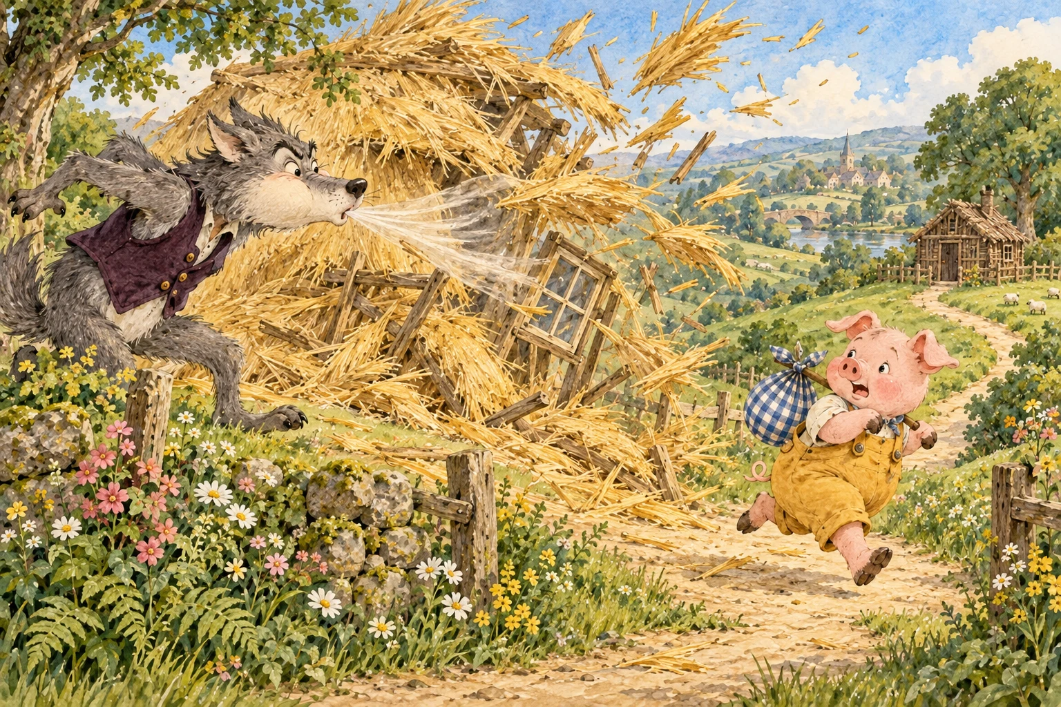 The wolf blows straw into the air as the first pig escapes safely along the path.