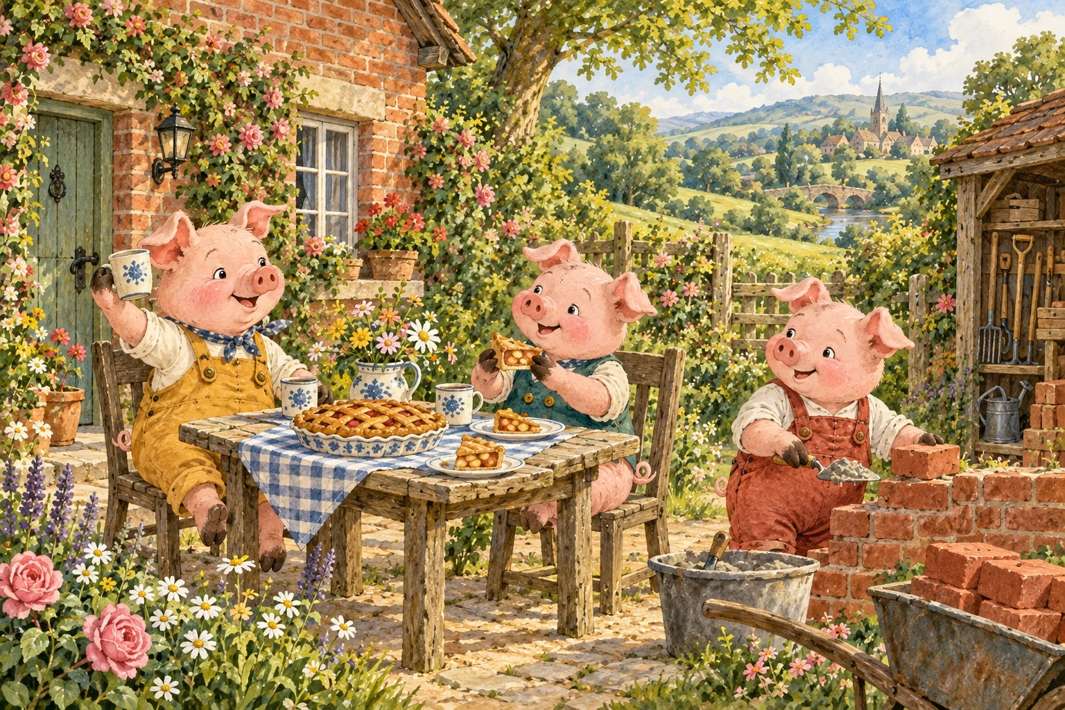 Three pigs share apple pie beside their strong brick cottage and neatly stored tools.