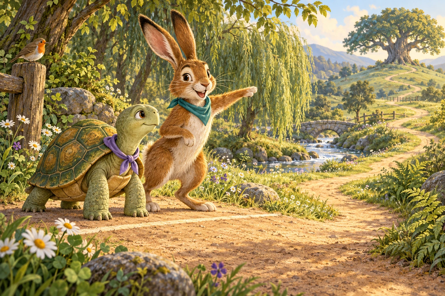 A green tortoise in a lavender neckerchief and a brown hare in a teal neckerchief stand at the start of a woodland path. A robin watches from a post, and an oak stands on the distant hill.