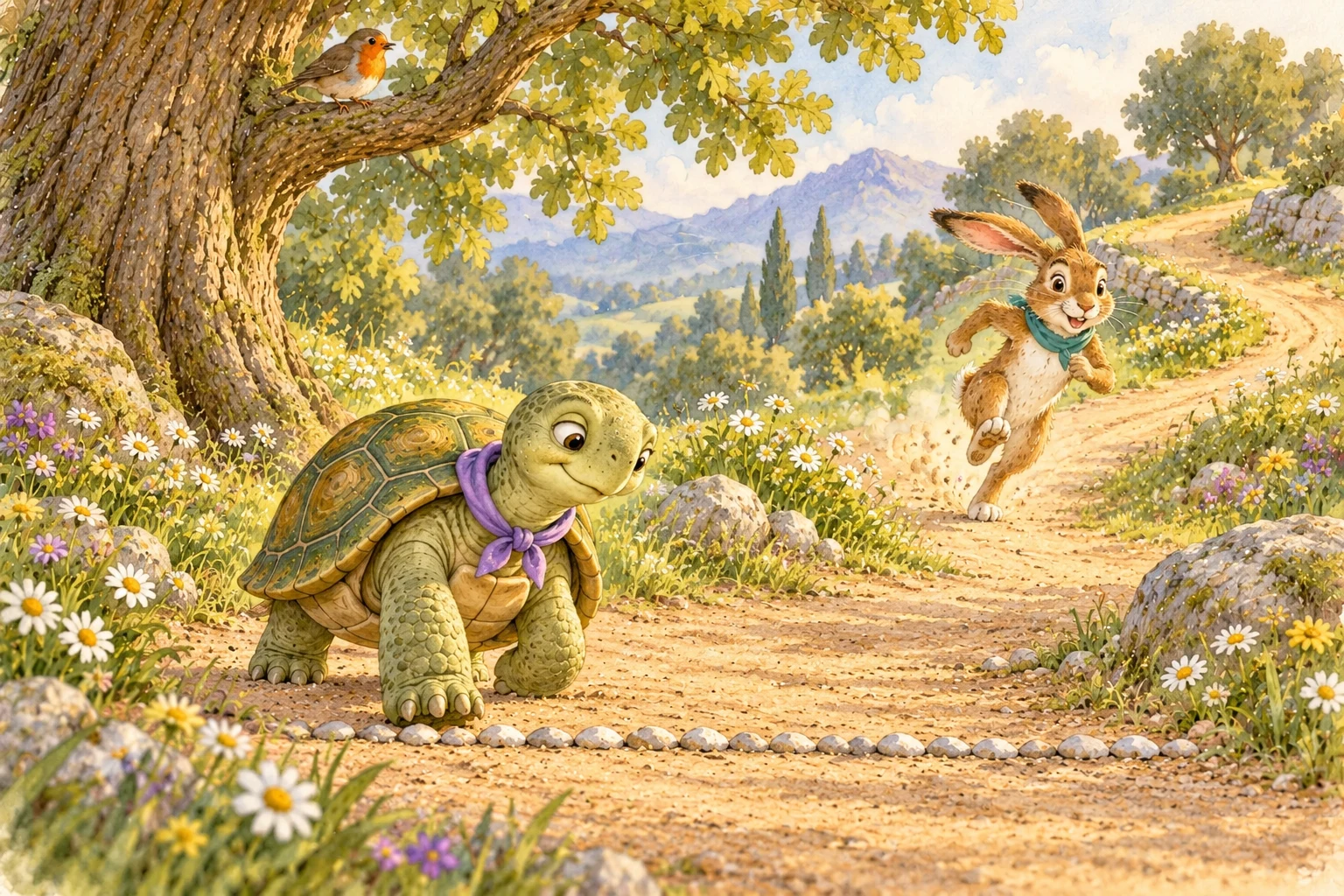 He raced around the bend, past the daisies, and up the slope, his ears streaming behind him.