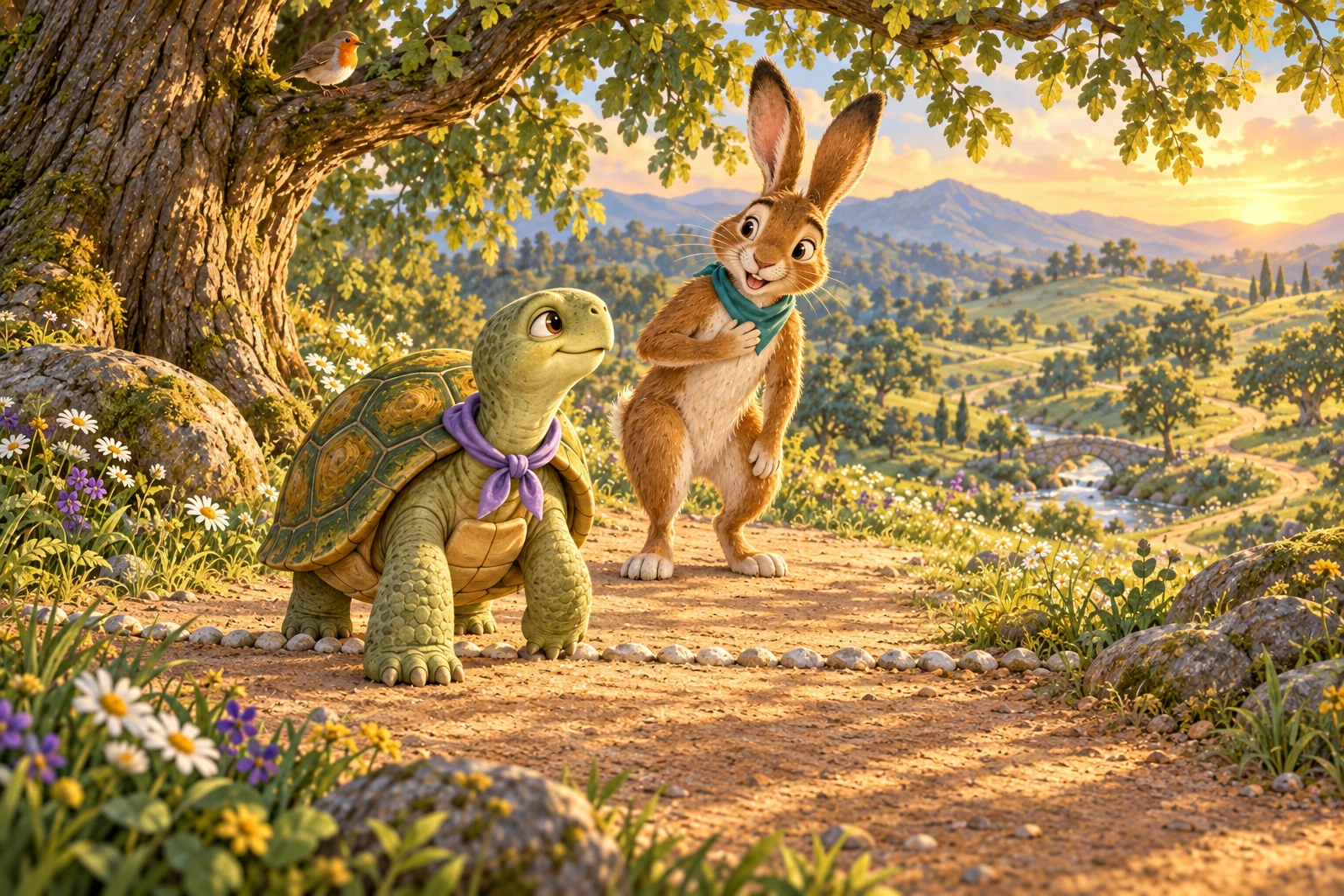 Tortoise smiles just beyond the pebble finish line under the oak. Hare stands behind the line with a paw on his chest, congratulating him, as Robin watches.