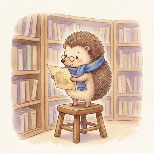 Hami the hedgehog examines an old page in the library.